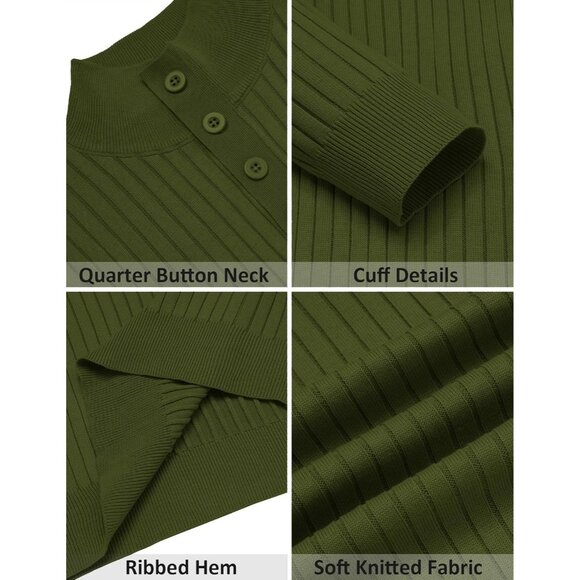 Men's Quarter Button Sweater Long Sleeve Stand Collar Sweater Knitted Army Green - Picture 5 of 5